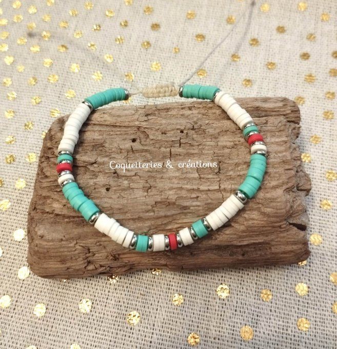 bracelet femme perles heishi en fimo turquoise et rouge