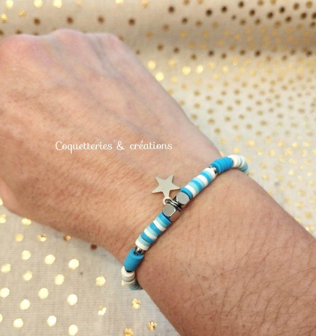 bracelet femme perles heishi en fimo turquoise et étoile