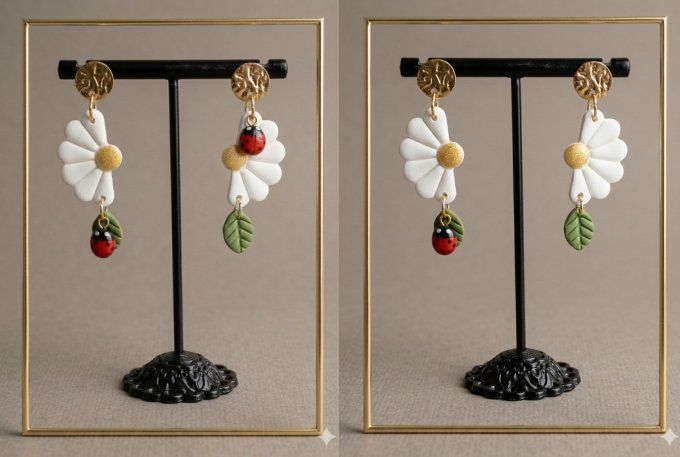 Boucles d'oreilles Marguerite & Coccinelle asymétriques - Argile Polymère - Loiret