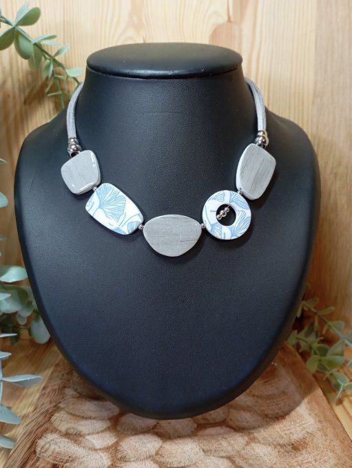 Collier tour de cou polymère ginko bleu gris