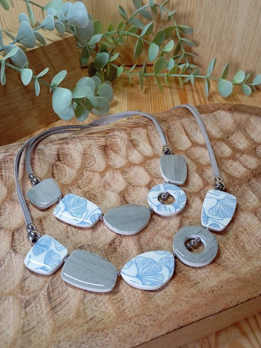 Collier tour de cou polymère ginko bleu gris
