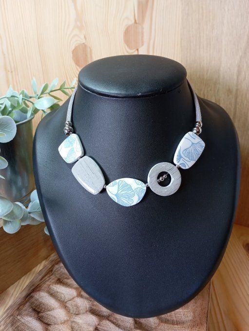 Collier tour de cou polymère ginko bleu gris