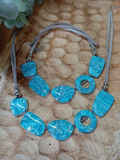 Collier tour de cou polymère marbre bleu
