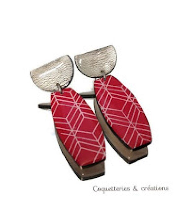 Boucles d'oreilles fimo, rouge et gris craquelé