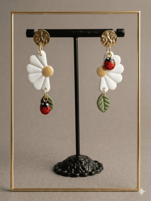Boucles d'oreilles Marguerite & Coccinelle asymétriques - Argile Polymère - Loiret