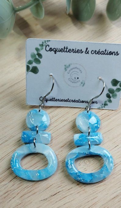 Boucles d'oreilles fimo, transparence et bleu lagon