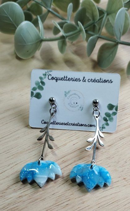 Boucles d'oreilles fimo, transparence et bleu lagon