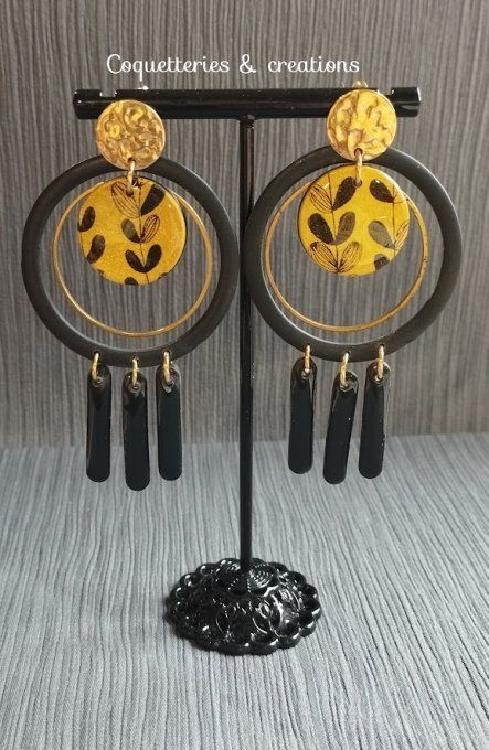 Boucles d'oreilles fimo créoles noires et dorées