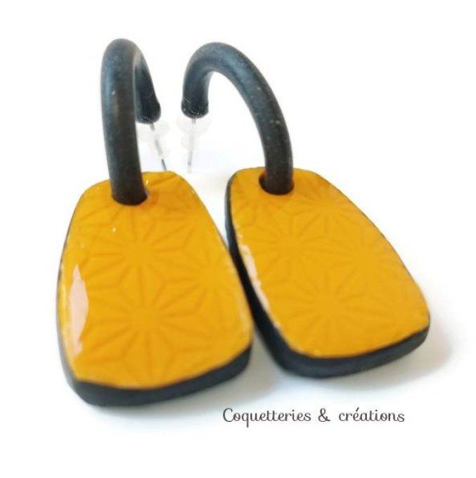 Boucles d'oreilles fimo, créole Olga bleu canard et jaune orangé