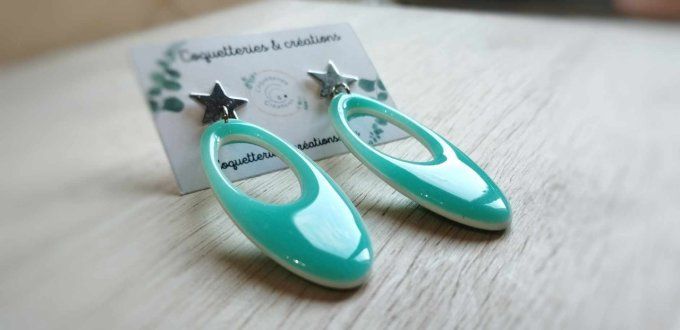 Boucles d'oreilles fimo, ovales turquoise verte et étoiles