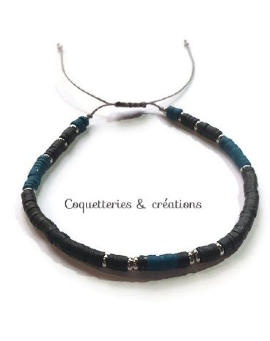 bracelet homme perles heishi en fimo bleu canard et noir