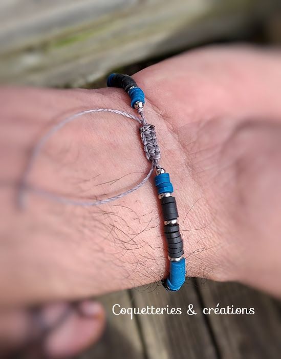 bracelet homme perles heishi en fimo noir et argent -  Coquetteriesetcreations