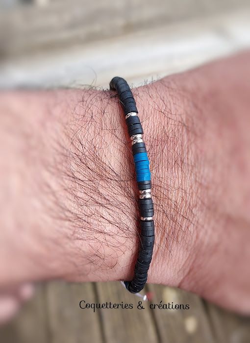 bracelet homme perles heishi en fimo bleu canard et noir