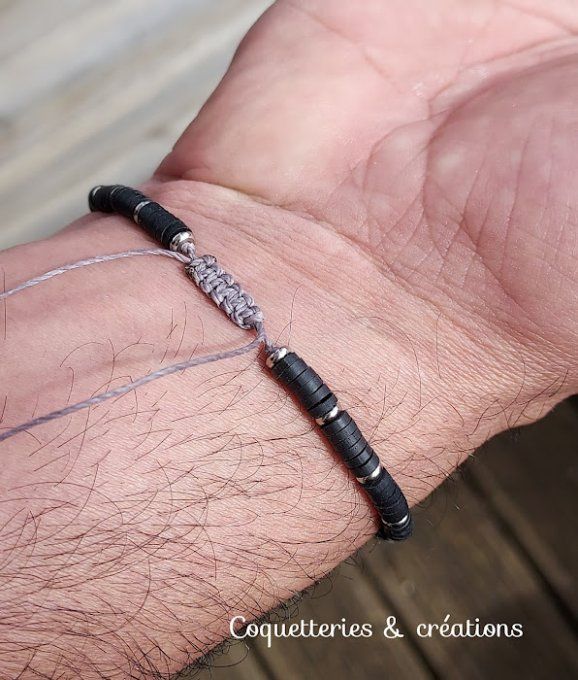 bracelet homme perles heishi en fimo noir et argent