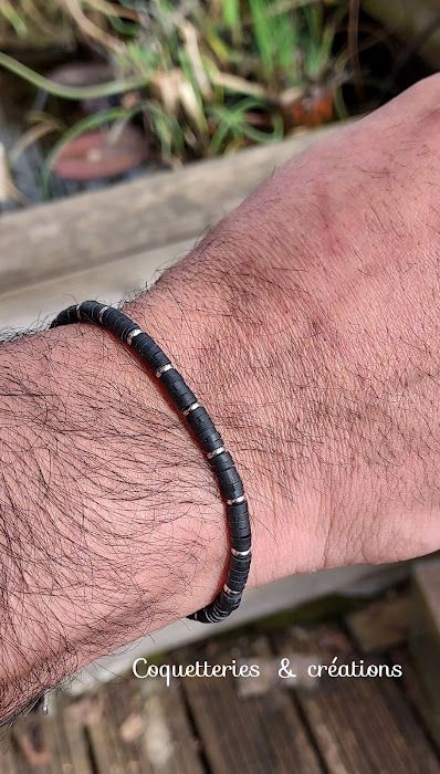 bracelet homme perles heishi en fimo noir et argent -  Coquetteriesetcreations