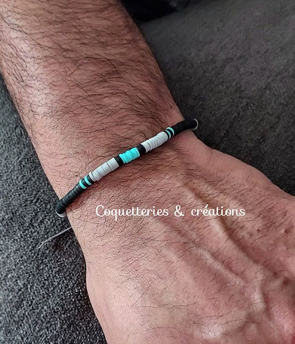 bracelet homme perles heishi en fimo turquoise, noir et gris