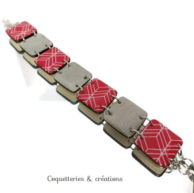 Bracelet en pâte Fimo,  rouge et craquelé gris