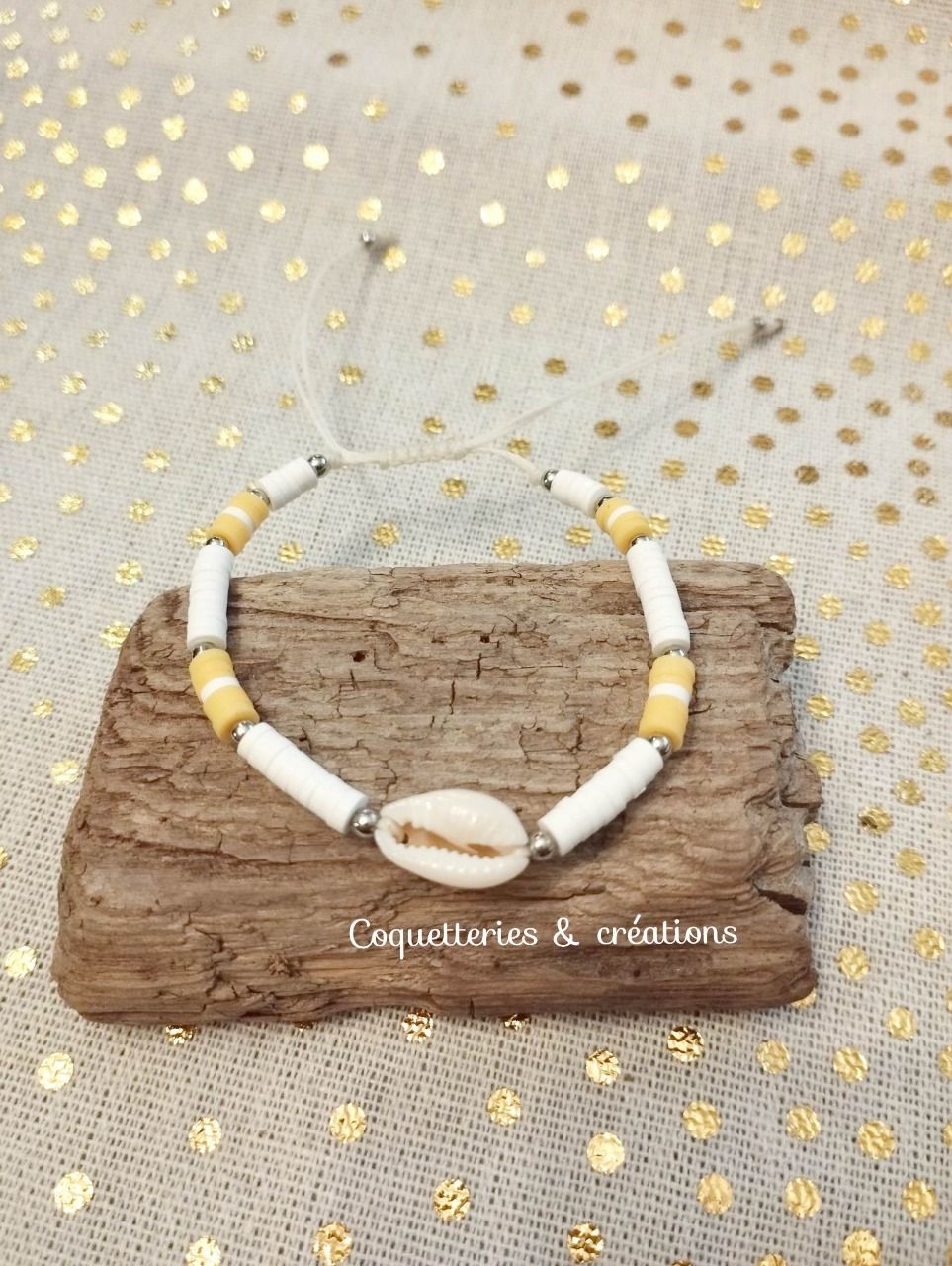 bracelet femme perles heishi en fimo jaune et coquillage