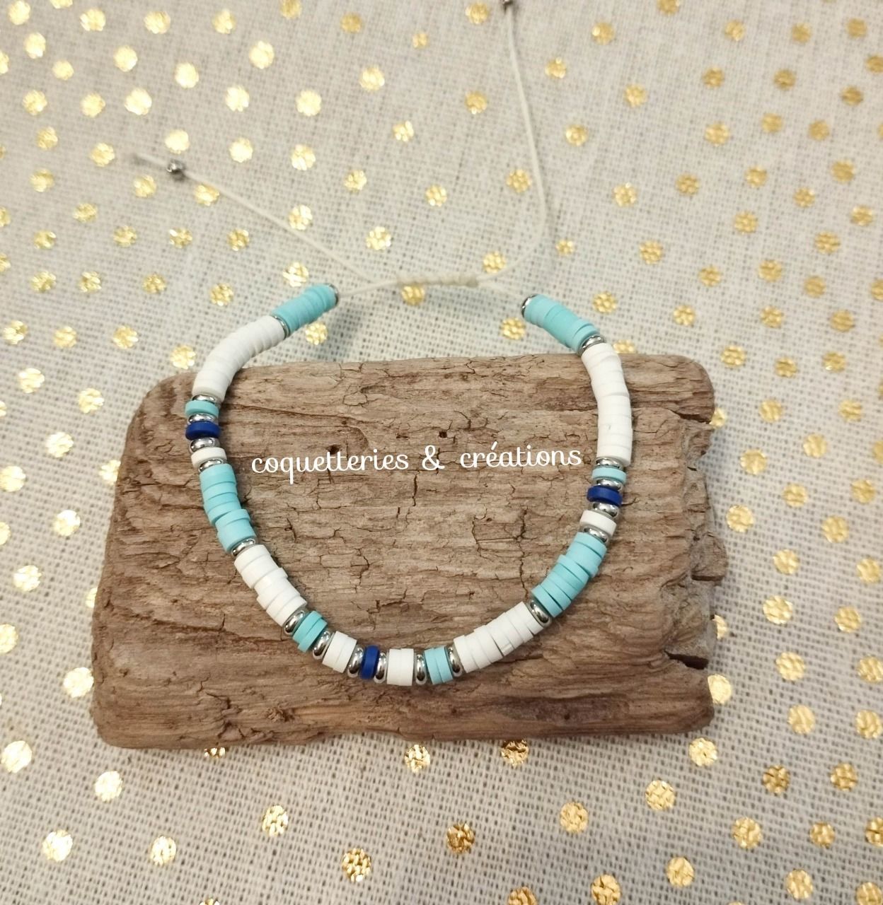 bracelet femme perles heishi en fimo turquoise et marine