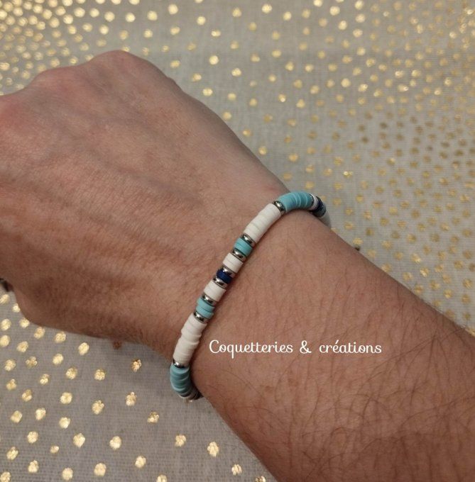 bracelet femme perles heishi en fimo turquoise et marine