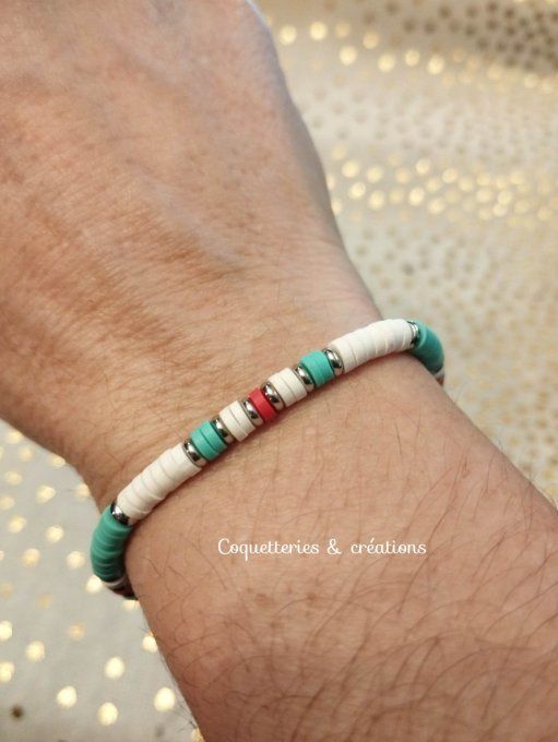 bracelet femme perles heishi en fimo turquoise et rouge