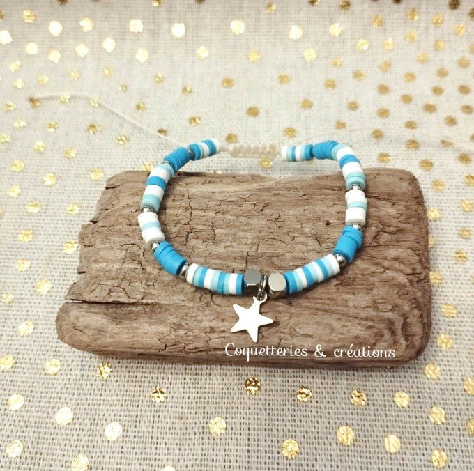 bracelet femme perles heishi en fimo turquoise et étoile