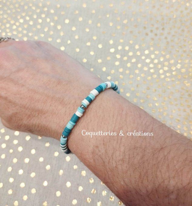 bracelet femme perles heishi en fimo camaïeux turquoise