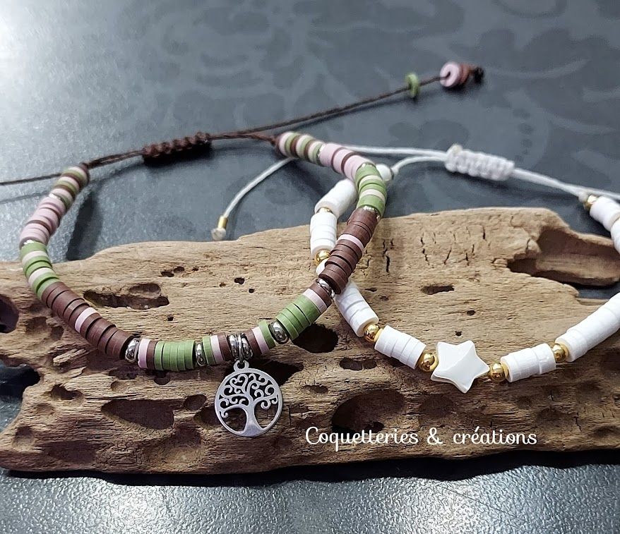 bracelet femme perles heishi en fimo marron, rose et vert kaki ou blanc et or