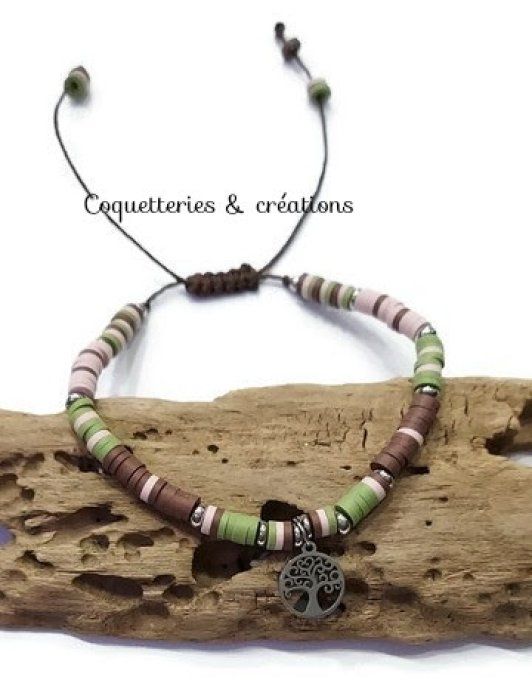 bracelet femme perles heishi en fimo marron, rose et vert kaki ou blanc et or