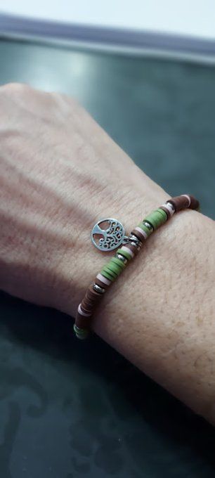 bracelet femme perles heishi en fimo marron, rose et vert kaki ou blanc et or