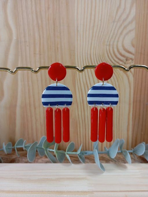 Collection "Horizon Marin" – Boucles d’Oreilles Géométriques Marinière (Duo Rouge & Jaune)