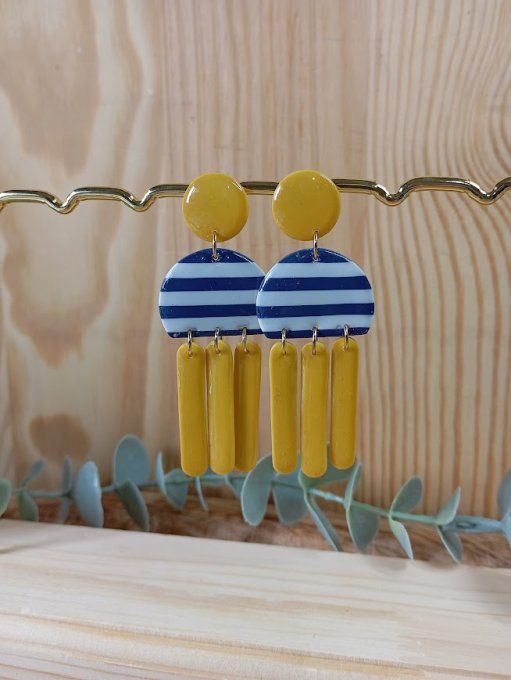 Collection "Horizon Marin" – Boucles d’Oreilles Géométriques Marinière (Duo Rouge & Jaune)