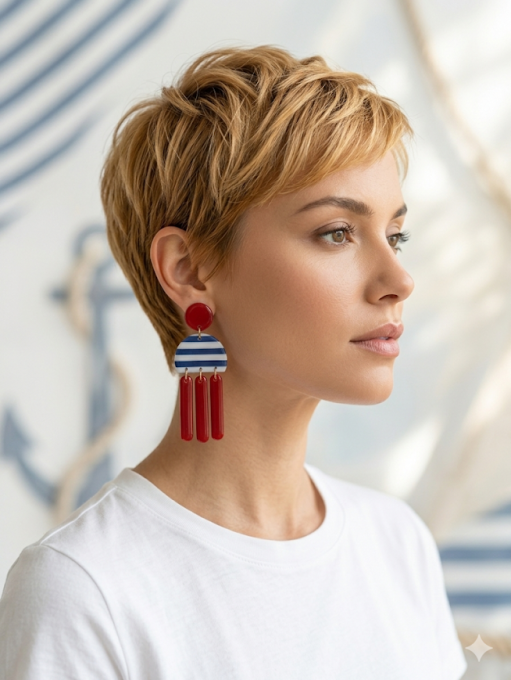 Collection "Horizon Marin" – Boucles d’Oreilles Géométriques Marinière (Duo Rouge & Jaune)