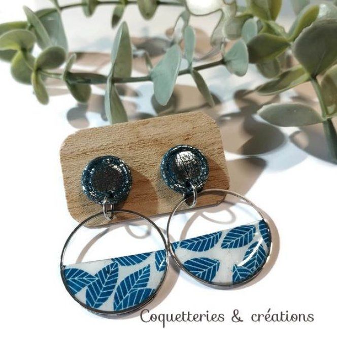 Boucles d'oreilles fimo, feuillage bleu et argent 