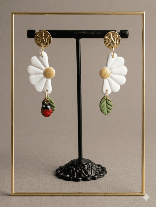 Boucles d'oreilles Marguerite & Coccinelle asymétriques - Argile Polymère - Loiret