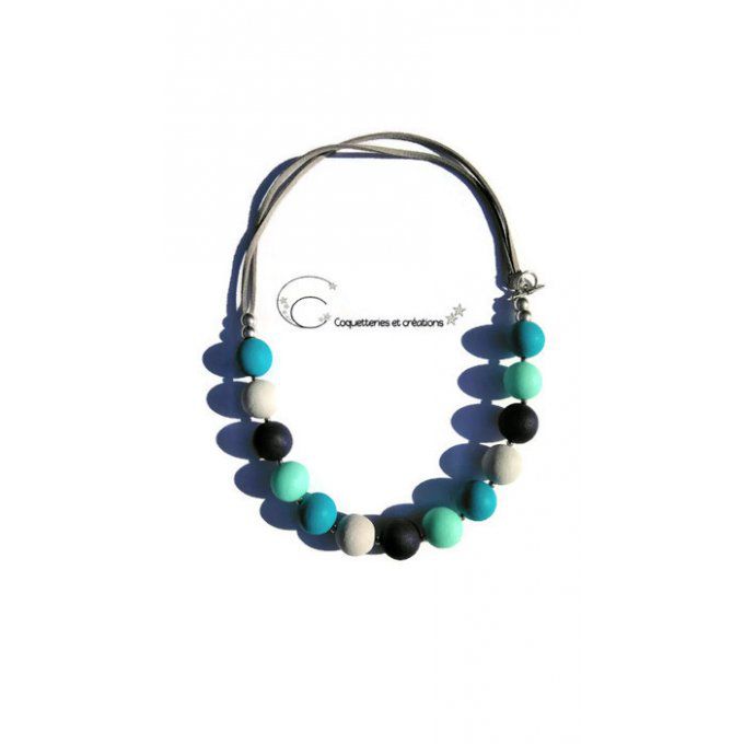 Collier perles bleues fimo polymère camaïeux de bleu