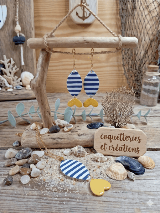 Boucles d'oreilles Poissons Marinière – Style "Retour de Plage" – Artisanat Loiret